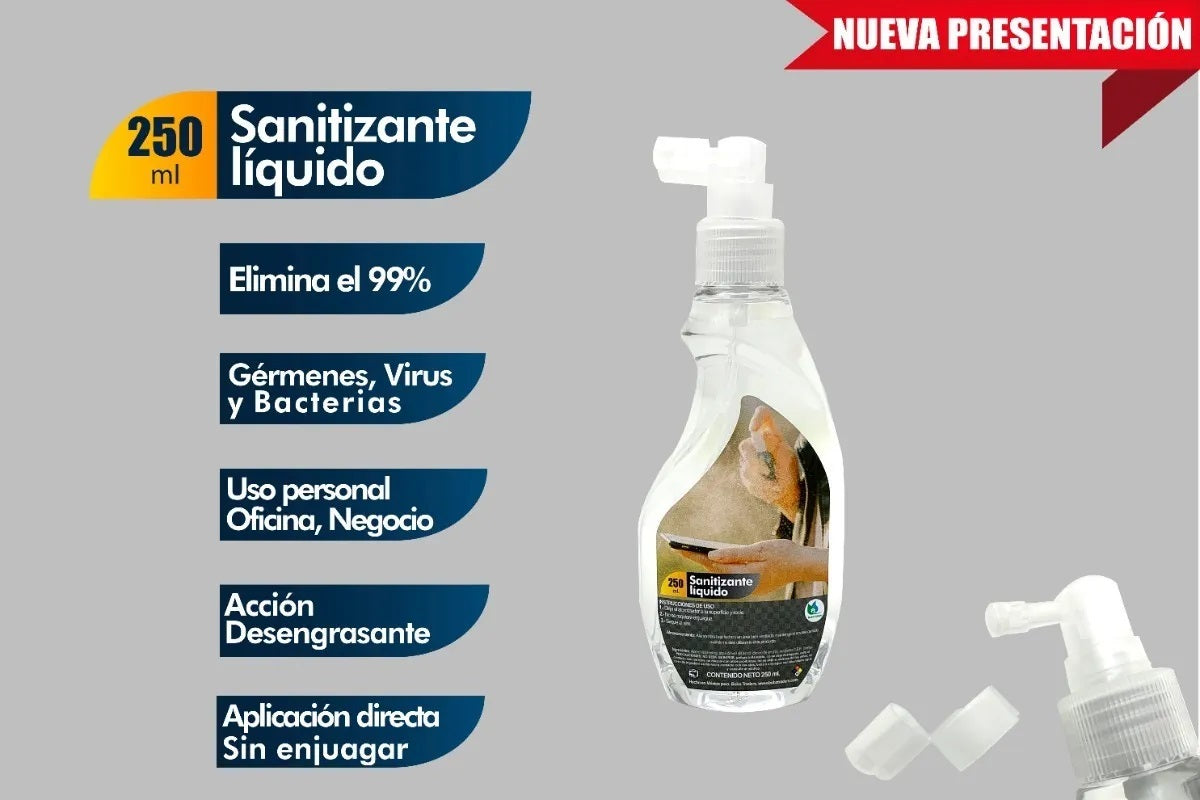 Desinfectante líquido de amplio espectro con atomizador, en envase de 250 ml. Ideal para eliminar bacterias, virus y gérmenes en superficies de oficina, hogar, y áreas de preparación de alimentos. Libre de perfume y colorante, no requiere enjuague. Desinfectante líquido de amplio espectro con atomizador, en envase de 250 ml. Ideal para eliminar bacterias, virus y gérmenes en superficies de oficina, hogar, y áreas de preparación de alimentos. Libre de perfume y colorante, no requiere enjuague.